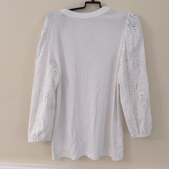 LOFT White Ribbed Button Down Henley with Embroidered Sleeves L - Picture 8 of 10